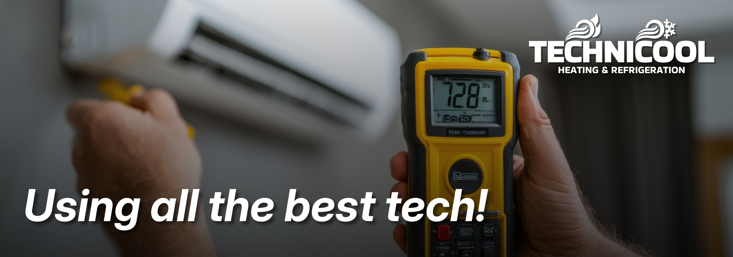 TechniCool tech using an advanced HVAC digital temperature gauge.